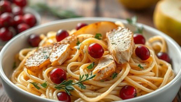 Creamy chicken pasta with pear, cranberries, and herbs in a bowl.