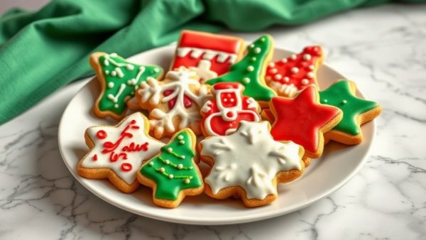 Colorful Christmas sugar cookies with festive designs on a plate.