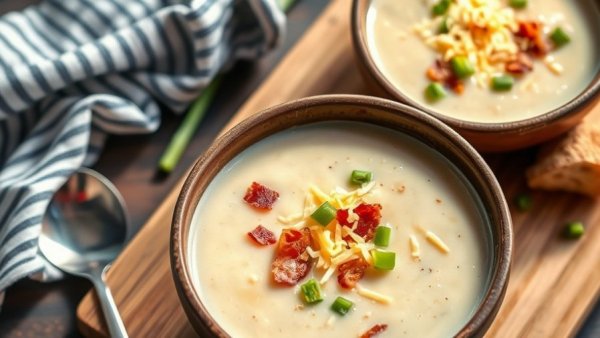 Crockpot Potato and Bacon Soup garnished with cheese and scallions.