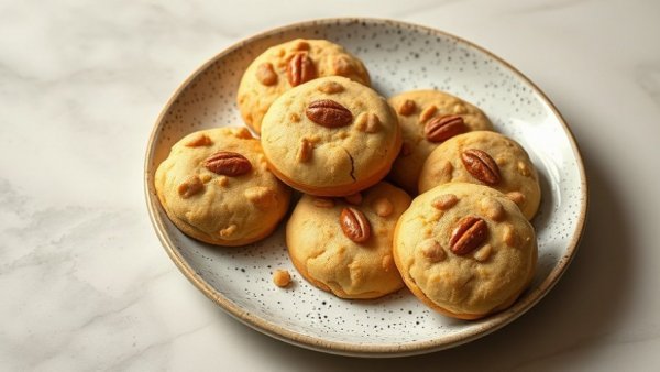Pignoli cookies recipe; cookies covered in pine nuts on a ceramic plate.
