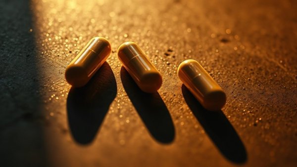 Close-up of supplement capsules casting shadows, mysterious lighting.
