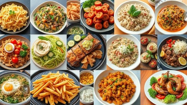 Healthy meal plan featuring diverse dishes in a 7-day collage