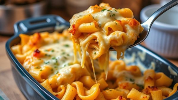 Easy noodle casserole being served from a baking dish.