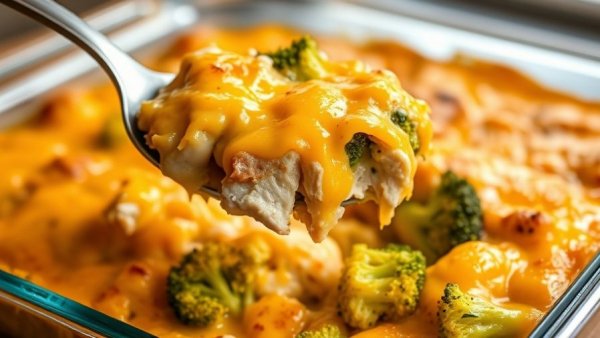 Delicious Chicken Divan Casserole with golden topping in glass dish.