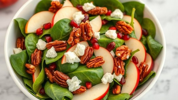 Holiday Spinach Salad with apples, pecans, and pomegranate.