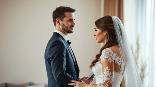 Bride and groom exchanging vows with elegant bridal makeup.
