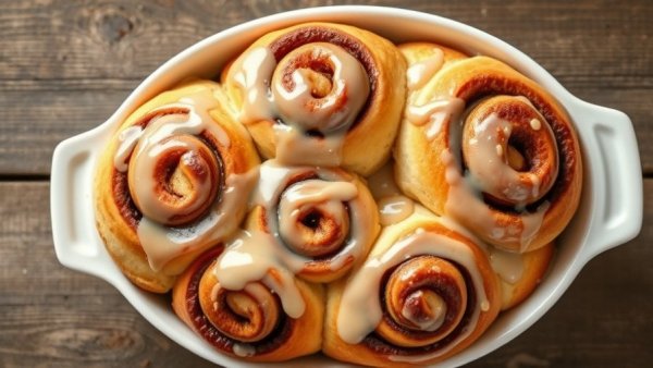 Fresh homemade cinnamon rolls with icing in a baking dish.