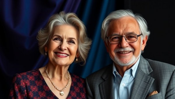 Celebrity news: elegant older couples smiling in vibrant settings.