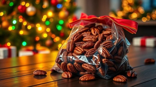 Bag of healthy candied pecans with festive Christmas lights.