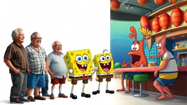 Juxtaposed real and animated characters in SpongeBob SquarePants Trivia Quiz scene