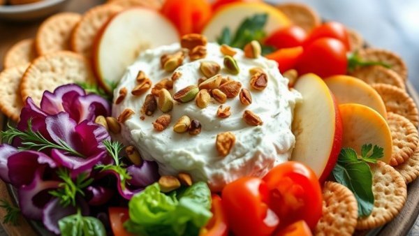 Vibrant dish of healthy whipped feta with hot honey, nuts, and fresh garnishes.