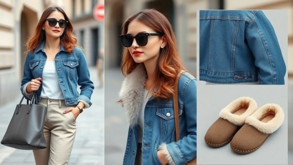 Comfortable winter wardrobe essentials collage with jacket and slippers.