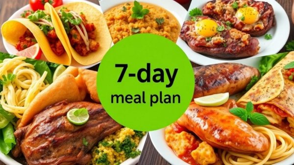 Healthy meal plan with diverse dishes in a colorful collage.