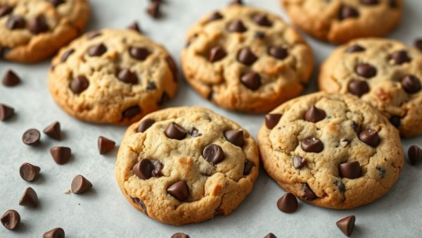 Healthy chocolate chip cookies on a gray surface with chocolate chips.