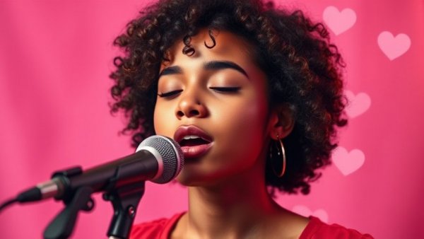 Young woman singing with passion, pink background and hearts.