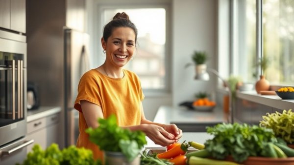 Nutritionist washing vegetables in a modern kitchen, smiling.