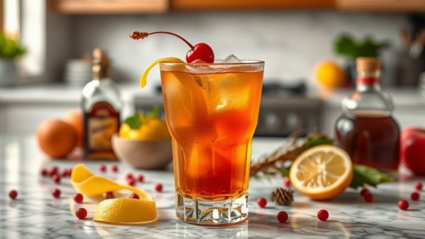 Classic Amaretto Sour Recipe with cherry and lemon garnish on marble.