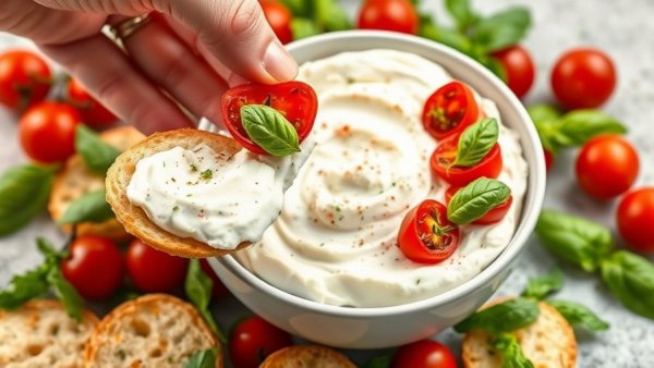 Whipped ricotta caprese dip with roasted tomatoes and basil.