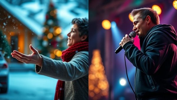 Vibrant pop and rock Christmas song performance scene.