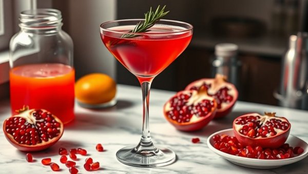 Pomegranate martini recipe with rosemary garnish on marble.