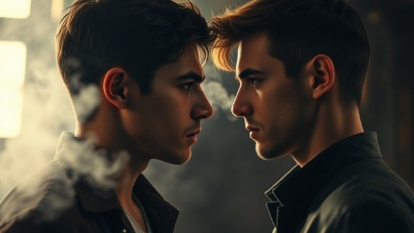 Two young men in a heated rivalry moment, intense gaze.