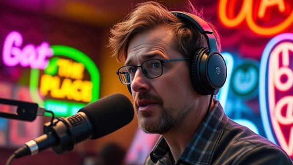 Man speaks on podcast, big headphones, neon background.