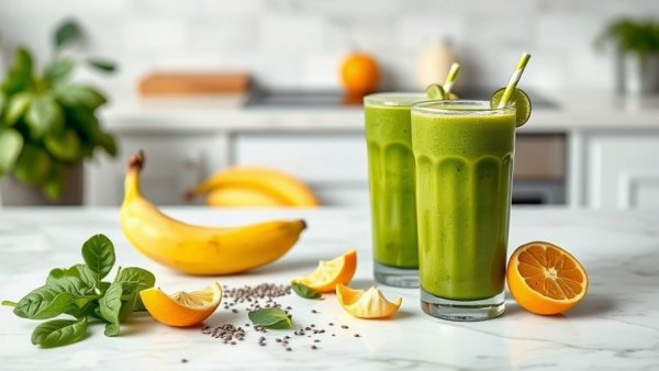 Fresh healthy smoothie recipes with green smoothies and ingredients.