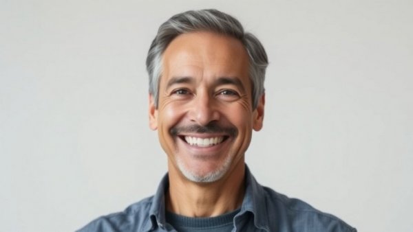 Confident mature man smiling warmly, aging well and identity.