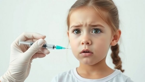 Young girl nervously reacting to vaccine syringe.