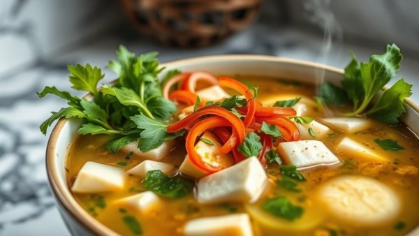Vegan pho recipe in a bowl with fresh herbs and tofu on a marble counter.