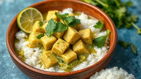 Green curry tofu with rice and lime on blue surface