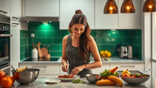 Stylish woman cooking in a modern kitchen for long term wellness strategies.