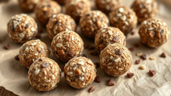 Tasty no-bake energy balls with oats on parchment paper.