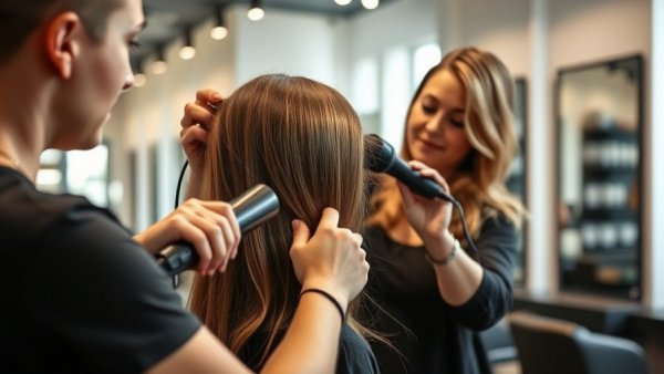 Hairstylist blow-drying hair in salon, tips to look after your appearance.