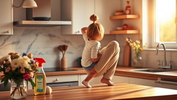 Cozy kitchen with a home microbiome cleaning product on the counter.