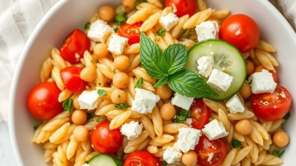 Colorful Greek Orzo Pasta Salad with fresh ingredients in a bowl.
