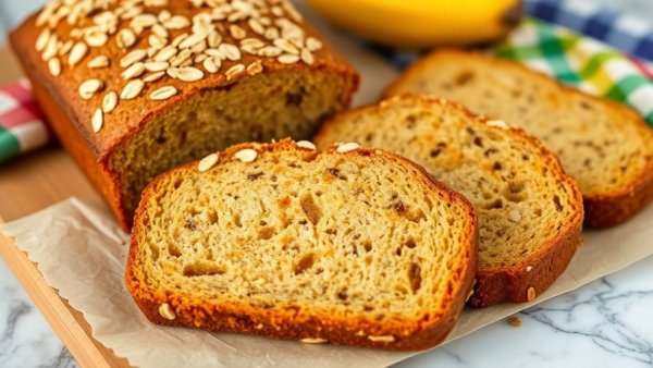 Healthy banana bread recipe with oats on marble surface.