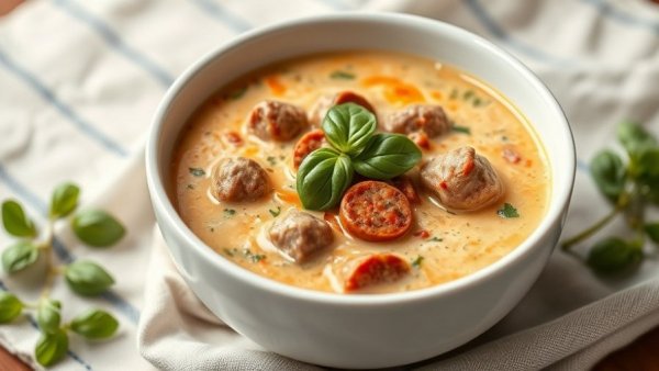 Creamy Italian sausage soup with basil garnish in a bowl.
