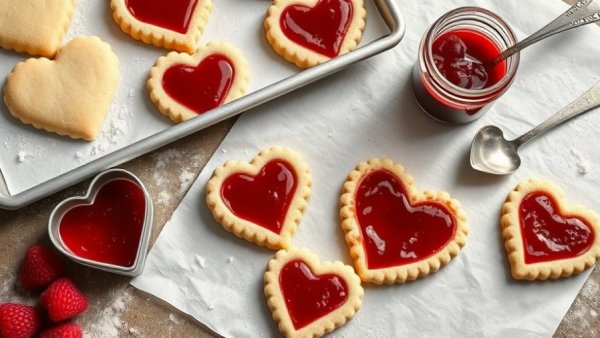 Heart-shaped Linzer cookies with raspberry filling on trays.