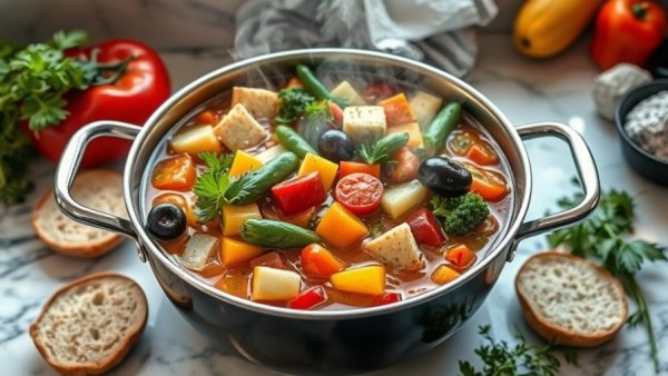 Easy vegetable soup recipe with colorful veggies in a pot.