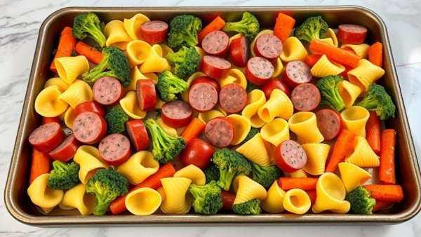 Colorful Sheet Pan Tortellini Bake with Sausage & Veggies