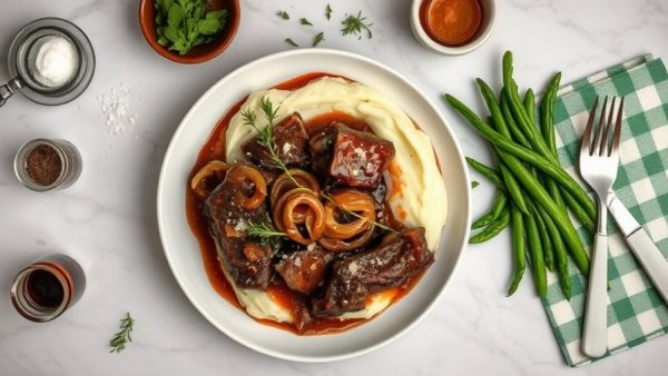 French onion pot roast with mashed potatoes and green beans.