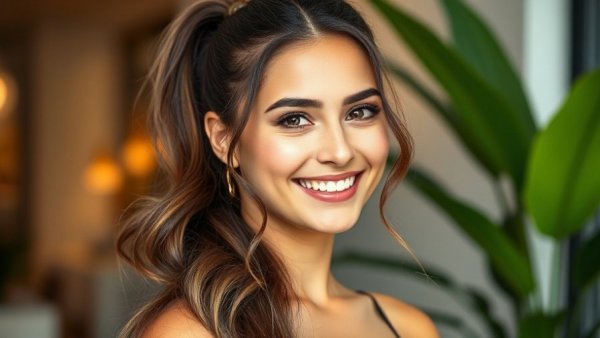 Elegant easy wedding guest hairstyle on woman, smiling portrait.