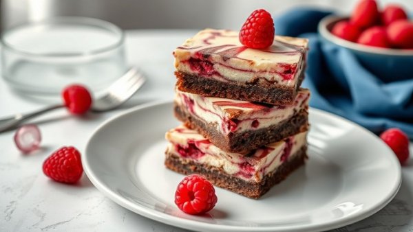 Raspberry cheesecake brownies stacked on a white plate, featuring marbled texture.