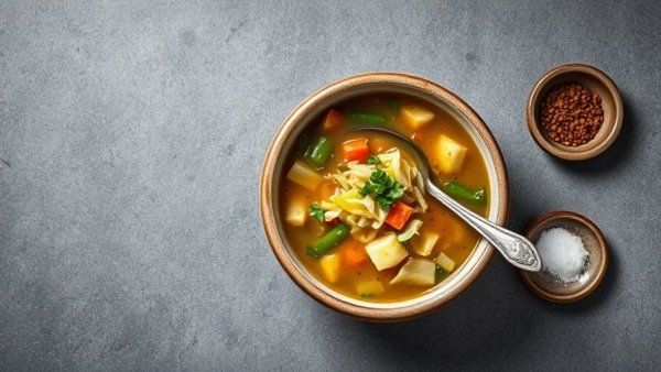 Rustic bowl of healthy cabbage soup on gray surface.
