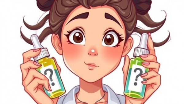 Illustrative young woman pondering best anti-aging cosmetics holding serum bottles