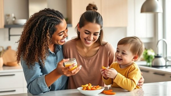 Mother teaching child about kids vitamins in a bright kitchen.