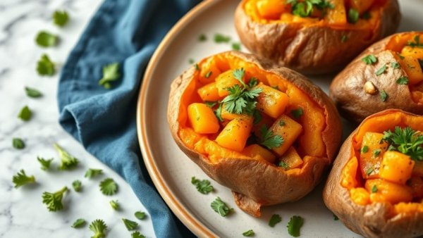 Baked Japanese sweet potatoes filled with herbs on a plate.