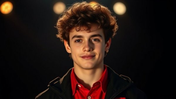 Young male showcasing style in red collared shirt, spotlight effect.