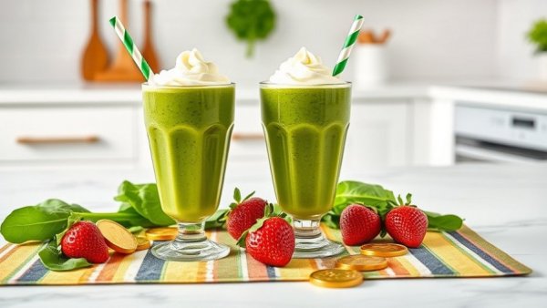 Green power smoothie glasses with whipped cream in a modern kitchen.